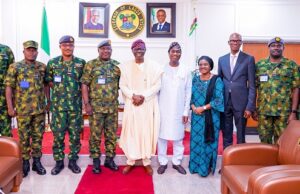 Photo: When Sanwo-Olu Played Host To AOC Logistics Command, Lagos Lagos State Governor, Mr. Babajide Sanwo-Olu flanked by Air Officer Commanding Logistics Command, Lagos, Air Vice Marshal Emmanuel Shobande (left); Deputy Governor, Dr. Obafemi Hamzat (right) and others during a courtesy visit to the Governor at the Lagos House, Alausa, Ikeja at the weekend…