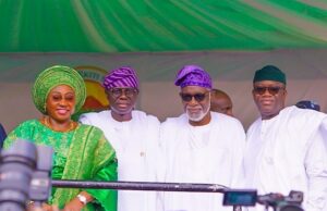 Sanwo-Olu Hails Fayemi’s Giant Strides In Ekiti, Congratulates Oyebanji Governor Babajide Sanwo-Olu, second from left, with The Fayemis and Ondo's Governor Oluwarotimi Akeredolu...on Sunday in Ado Ekiti...