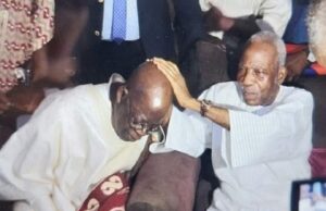 Presidency 2023: Check Out Moment Tinubu Was Blessed By Afenifere Leader, Pa Fasoranti Bola Tinubu...being blessed by Pa Fasoranti, right, on Sunday...