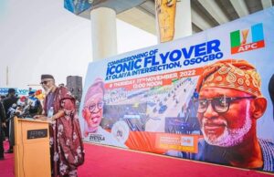 Akeredolu Joins Oyetola In Osogbo To Commission Iconic Olaiya Overhead Bridge ...Ondo's Governor Oluwarotimi Akeredolu...delivering is speech at the event...