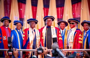 Ajayi Crowther University Confers Sanwo-Olu, Wike, Makinde With Doctorate Degrees L-R: Chancellor, Ajayi Crowther University, Chief Tunde Afolabi; the awardees: Lagos State Governor, Mr. Babajide Sanwo-Olu (Doctor of Public Administration); Oyo State Governor, Mr Seyi Makinde (Doctor of Science in Engineering); Rivers State Governor, Mr Nyesom Wike (Doctor of Law) and Pro-Chancellor and Chairman of Governing Council, Chief Wole Olanipekun, during the Convocation ceremony of Ajayi Crowther University, at the school’s main campus, Oyo Town in Oyo State, on Friday…