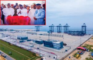 Photo: Buhari In Lagos To Commission Lekki Deep Seaport Inset (l-r): President Muhammadu Buhari; Lagos State Governor, Mr Babajide Sanwo-Olu; Chinese Ambassador to Nigeria, Mr Cui Jian Chun; former Governor of Ekiti State, Dr Kayode Fayemi and Governor Dapo Abiodun of Ogun State during the unveiling of the plaque to inaugurate the Lekki Deep Seaport