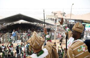 Second Term: Day Makinde Secured Public Endorsement From Fellow G5 Governors, Others Oyo's Governor 'Seyi Makinde...saluting a mammoth crowd of supporters at the political event on Thursday...
