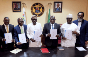 When LIRS, FIRS Signed Pact On Exchange Of Information, Joint Tax Audit L-R: Lagos State Commissioner for Finance, Dr Rabiu Olowo Onaolapo, Executive Chairman, LIRS, Mr Ayodele Subair, Lagos State Governor, Babajide Sanwo-Olu, Executive Chairman, FIRS, Muhammad Mamman Nami, Minister of State for Finance, Budget and National Planning, Mr Clement Agba and Lagos state Attorney-General & Commissioner for Justice, Mr Moyosore Onigbanjo SAN during the signing of MoU between the Lagos State Internal Revenue Service (LIRS) and Federal Inland Revenue Service (FIRS) held at the Lagos State House, Marina on Monday, February 6, 2023…