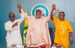 Guber 2023: Abiodun Adopted As Candidate By Ogun Labour Party L-R: The Ogun State chairman of Labour Party, Comrade Michael Asade; Governor Dapo Abiodun and the National Publicity Secretary of Labour party during the endorsement and adoption of Governor Abiodun for second term and the Governorship candidate of Labour Party for March 18 gubernatorial election in Ogun State on Friday…