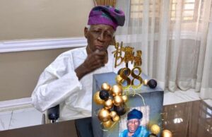 Senator Balogun Hails As Omololu Olunloyo Turns 88 Dr Victor Omololu Olunloyo...in his newly renovated home at Molete, Ibadan on Friday, April 14, 2023...with his birthday cake specially sent in from the United States of America...