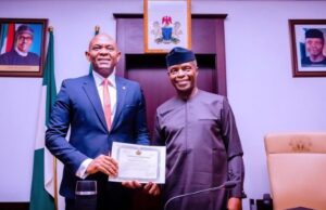 High Expectations As Osinbajo Presents Discharge Certificate To Transcorp Power …Dr Tony Elumelu, left, with Vice President Yemi Osinbajo…at the event…
