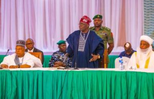 Tinubu Meets Traditional Rulers, Speaks On Petrol Subsidy Removal President Bola Tinubu...on his feet to address the respected traditional rulers...