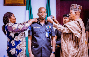 Egbetokun’s Appointment As Acting IGP Enlivens Force Headquarters Ag Inspector General of Police, Kayode Egbetokun, middle, being decorated by Vice President Kashim Shettima, right...