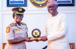 Photo: Sanwo-Olu Hosts Ag. Comptroller General Of NIS L-R: Acting Comptroller General of the Nigeria Immigration Service (NIS), Carol Wura-Ola Adepoju exchanging greeting with Lagos State Governor, Mr Babajide Sanwo-Olu during her courtesy visit...