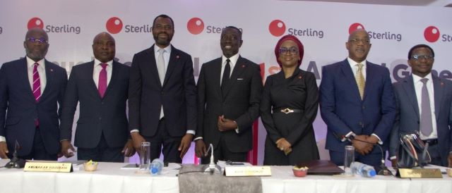 Sterling Bank image L-R: Executive Director, Commercial & Institutional Banking, Tunde Adeola, Non-Executive Director, Olaitan Kajero, Chief executive, Abubakar Suleiman, Chairman of Board, Asue Ighodalo, Company Secretary, Temitayo Adegoke, Non-Executive Director, Tunji Mayaki, Executive Director of Operations, Raheem Owodeyi, all of Sterling Bank at the 61st AGM…