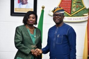 Oyo State Governor Seyi Makinde right and Secretary to the Oyo State Government Prof Olanike Adeyemo during the swearing in ceremony