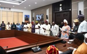 Cross section of newly appointed Commissioners in Oyo State taking the oath of office