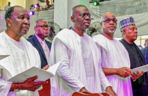 Tinubu, Gowon, Sanwo-Olu, Others Attend Subomi Balogun’s Funeral Service L-R: Ex-Head of State, Retired General Yakubu Gowon; Lagos State Governor, Mr Babajide Sanwo-Olu; his Ogun State counterpart, Prince Dapo Abiodun; Vice President Kashim Shettima...at the event...