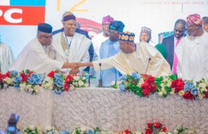 Emergence As APC Chairman, Secretary: Akpabio Congratulates Ganduje, Bashiru Respectively President of the Senate, Godswill Akpabio congratulating the former Governor of Kano State, Dr Abdulahi Ganduje...while others look on...