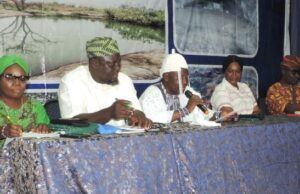 Promotion Of Iyake Lake Festival: We Are Ready To Partner Makinde’s Govt – Ado Awaye Monarch L-R: Director of Culture/Tourism, Mrs Adejoke Agboola, the Chairman of Iwajowa LGA, Hon Jelil Oyinloye, the Alado Of Ado Awaye, Oba Reverend Ademola Olugbile Folakanmi and his wife…at the media briefing…