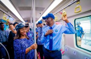 When Sanwo-Olu Flagged Off Commercial Operations Of Lagos Blue Rail Lagos' Gov Babajide Sanwo-Olu, right, with others during the maiden ride...