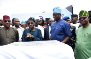 Photo: When Obasanjo Joined Makinde To Commission Oyo-Iseyin Road …former President Olusegun Obasanjo (second left); Oyo State Governor, Seyi Makinde (second right); his deputy, Barrister Bayo Lawal (left) and Commissioner for Public Works and Transport, Prof Dawud Shangodoyin…at the event…