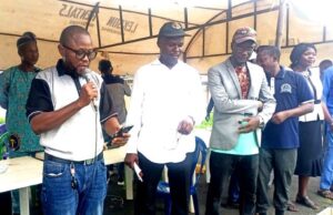 Temitope, New Oyo JUSUN Chairman Reveals Plans To Take Care Of Members’ Welfare …the new JUSUN Chairman, Comrade Amoo Temitope reading his acceptance speech. Standing with him is the outgone Chairman, Comrade Kayode Martins…