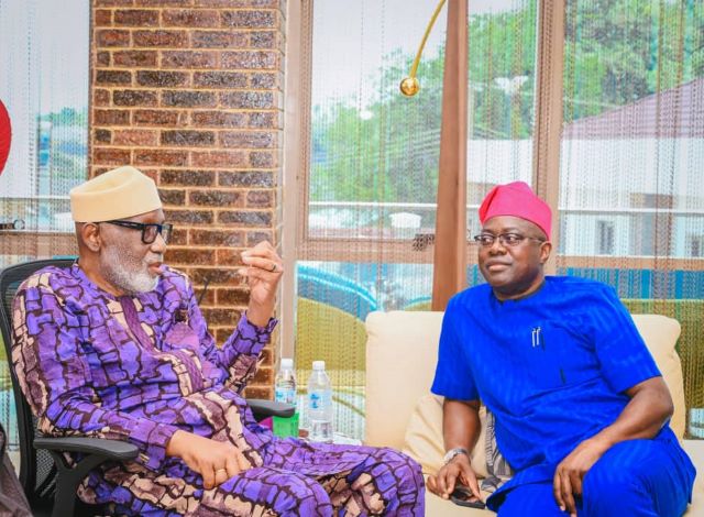 Aketi 4 Ondo's Governor Oluwarotimi Akeredolu, left, with his colleague from Oyo, Engineer 'Seyi Makinde...during the visit...