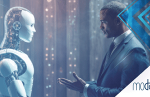 Banking On Chat: How AI Makes ‘Cents’ For Finance Companies ...a person in a suit and tie talking to a robot...