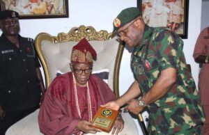 Security Agencies Need Collaborate To Tackle Menace Of Land Grabbers – Olubadan Maj. Gen. Bamidele Alabi, right, with the Olubadan of Ibadanland, Oba Lekan Balogun...