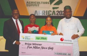 Excitement As Winners Emerge In Sterling’s ASA 2023 AgroPitch L-R: Group Head, Agric Finance and Solid Minerals, Sterling Bank Plc, Dr. Olushola Obikanye; Executive Director, Technical Services, Leadway Assurance, Adetola Adegbayi; Winner of ASA 2023 AgroPitch, Green Republic Farms Limited, Baliqees Salaudeen and Commissioner of Agric and Natural Resources, Plateau state, Samson Bugama, at the Agriculture Summit Africa 2023, in Lagos recently...