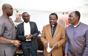 Makinde Meets Christian Leaders, Speaks About Controversial Baywood Estate From left, Oyo State Governor, Seyi Makinde; Oyo State Chairman, Christian Association of Nigeria, Apostle Joshua Akinyemiju; President, Baptist Convention, Rev Israel Akanji and Bishop David Oluwajimade, during the Omituntun 2023 Mega Praise Special Prayer and Interactive Session with the Governor in Ibadan...