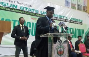 Day UNIOSUN Matriculated About 8,000 Fresh Students Professor Clement Adebooye, the Vice-Chancellor...reading his speech at the event...