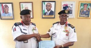 Change Of Leadership At Oyo NSCDC As Padonu Replaces Adaralewa Michael Adaralewa, right, with Augustine Padonu, his successor...