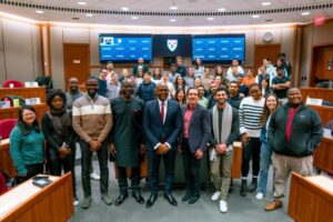 The Founder Tony Elumelu Foundation and Group Chairman UBA Mr Tony O Elumelu Faculty member and Professor of Business Administration Harvard Business SchoolHBS Professor Paul Gompers flanked by students of the HBS during the introduction of Tony Elumelu Foundation Case Study as part of Harvards Curriculum in Boston Massachusetts on Thursday