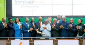 History Recorded As Transcorp Power Lists On The Nigerian Exchange, Gains 10% First Day Of Trading L-R: Acting CEO, Nigerian Exchange(NGx) Limited, Jude Chiemeka; Managing Director/CEO, Transcorp Power Plc, Engr. Peter Ikenga; Group Chairman, Transcorp Plc, Mr. Tony Elumelu; Chairman, Nigerian Exchange Group, Dr. Umaru Kwairanga; Non-Executive Director, Transcorp Power Plc, Peter Hertog; Chairman, Transcorp Power Plc, Mr. Emmanuel Nnorom; Chief Financial Officer, Transcorp Plc, Evans Okpogoro; Non-Executive Director, Transcorp Power Plc, Risqua Muhammed;, during the Facts Behind the Listing and Closing Gong Ceremony of Transcorp Power Plc to commemorate the Listing by Introduction of 7,500,000,000 Ordinary Shares of 50 kobo each at N240.00 per share on Nigerian Exchange Limited in Lagos during the week...