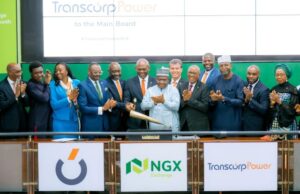 History Recorded As Transcorp Power Lists On The Nigerian Exchange, Gains 10% First Day Of Trading L-R: Acting CEO, Nigerian Exchange(NGx) Limited, Jude Chiemeka; Managing Director/CEO, Transcorp Power Plc, Engr. Peter Ikenga; Group Chairman, Transcorp Plc, Mr. Tony Elumelu; Chairman, Nigerian Exchange Group, Dr. Umaru Kwairanga; Non-Executive Director, Transcorp Power Plc, Peter Hertog; Chairman, Transcorp Power Plc, Mr. Emmanuel Nnorom; Chief Financial Officer, Transcorp Plc, Evans Okpogoro; Non-Executive Director, Transcorp Power Plc, Risqua Muhammed;, during the Facts Behind the Listing and Closing Gong Ceremony of Transcorp Power Plc to commemorate the Listing by Introduction of 7,500,000,000 Ordinary Shares of 50 kobo each at N240.00 per share on Nigerian Exchange Limited in Lagos during the week...