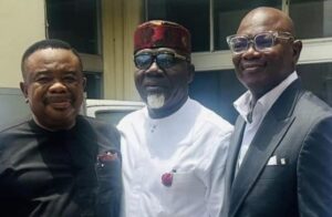 L-R: Kunle Bakare, a guest and Chief Tony Okoroji