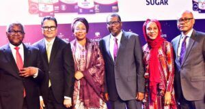 Our Plan Is To Produce 700,000MT Of Refined Sugar In Four Years -DSR L-R: Chairman, Dangote Sugar Refinery Plc, Aliko Dangote; Group Managing Director/CEO, Dangote Sugar Refinery Plc, Ravindra Singhvi; Non-Executive Director, Dangote Sugar Refinery Plc, Maryam Bashir; Non-Executive Director, Dangote Sugar Refinery Plc, Abdu Dantata; Executive Director, Dangote Sugar Refinery Plc, Mariya Aliko Dangote; Non-Executive Director, Dangote Sugar Refinery Plc, Olakunle Alake at the Dangote Sugar Refinery Plc 18th Annual General Meeting, on Tuesday, April 30, 2024 in Lagos...