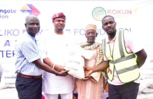 Dangote Foundation Gives Out Rice To Host Communities In Ogun L--R, Head, Social Performance, Dangote Cement Ibese plant, Ademola Ojolowo; Aboro of Ibeseland, Oba Rotimi Mulero; one of the Beneficiaries, Pa Adams Babatunde and Manager of the partnering Kokun Foundation, Mr. Isikhuemen Akuekegbe, during the rice distribution at Ibese in the Aliko Dangote Foundation’s National Food Intervention Programme…