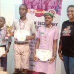 L R Oluwasegun Nathaniel of St Patricks College 3rd Esuola Timothy winner Emmanuel Uloma of St Annes School and Ibukun Otesileafter the event