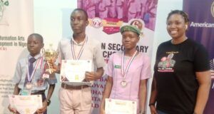 Photos: GCI Defeats Others At Ibadan Secondary Schools’ Oratory Contest L-R: Oluwasegun Nathaniel of St Patrick's College (3rd), Esuola Timothy, winner, Emmanuel Uloma of St Anne's School and Ibukun Otesile...after the event...