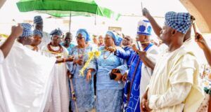 Photo: When Iwude Ijesa Secretariat Was Commissioned On Saturday …from the left is Chief Afolabi Igbaroola,the chairman of Iwude Ijesa planning committee, Oba Adekunle Aromolaran ,the Owa Obokun Adimula of ijesaland,the oloris and the Asiwaju Yinka Fasuyi,the Asiwaju of Ijesaland and Alagba Wale Idowu, the vice chairman of Iwude Ijesa planning committee...