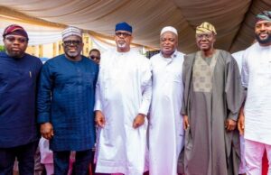 Governors, Others Commend Lagos Speaker, Obasa At Father’s Fidau Prayers L-R: Speaker, Osun State Assembly, Rt. Hon. Adewale Egbedun; Governor Sheriff Oborevwori of Delta State; his Ogun State counterpart, Governor Dapo Abiodun; Speaker, Lagos State House of Assembly, Rt. Hon. Mudashiru Obasa; Governor of Lagos State, Mr. Babajide Sanwo-Olu and Speaker of Oyo House of Assembly, Rt. Hon. Adebo Ogundoyin during the 8th Day fidau prayer and final burial ceremony of Alhaji Suleiman Obasa (father of Rt. Hon. Obasa), at the NYSC Camp, Iyana-Ipaja, Lagos, on Tuesday...