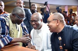 When Makinde Joined Others To Honour Bishop Oke At Mother’s Burial Oyo State Governor, Seyi Makinde (middle); former governor of Akwa-Ibom State, Udom Emmanuel (right) and Bishop Francis Wale Oke, during the burial service…