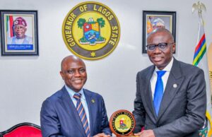 Sanwo-Olu Plays Host To FirstBank’s Management, Makes Promises Managing Director/CEO, First Bank of Nigeria, FBN Limited, Mr. Olusegun Alebiosu, left, receiving a plaque from Governor of Lagos State, Mr. Babajide Sanwo-Olu during FBN courtesy visit to the Governor at the Lagos House, Marina, on Tuesday...