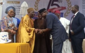 Oba Adebayo Akande welcomes Professor Jide Owoeye the man behind Lead City University Ibadanwhile others look on