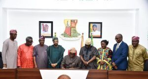 Photo: When Makinde Signed Bill To Rename The First Technical University After Ajimobi …from the left…the University Vice Chancellor, Prof Sola Ajayi; Pro-Chancellor, Ladoke Akintola University of Technology, Prof Deji Omole; deputy governor of Oyo State, Barr Bayo Lawal; son of former governor of Oyo State, Mr Idris Ajimobi; deputy Speaker of Oyo State House of Assembly, Hon Biodun Fadeyi; Senator Mosurat Sunmonu; representative of Chief Judge of Oyo State, Justice Ladiran Akintola and Commissioner for Education, Prof Saliu Adelabu…at the official ceremony…