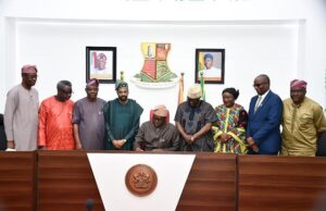Photo: When Makinde Signed Bill To Rename The First Technical University After Ajimobi …from the left…the University Vice Chancellor, Prof Sola Ajayi; Pro-Chancellor, Ladoke Akintola University of Technology, Prof Deji Omole; deputy governor of Oyo State, Barr Bayo Lawal; son of former governor of Oyo State, Mr Idris Ajimobi; deputy Speaker of Oyo State House of Assembly, Hon Biodun Fadeyi; Senator Mosurat Sunmonu; representative of Chief Judge of Oyo State, Justice Ladiran Akintola and Commissioner for Education, Prof Saliu Adelabu…at the official ceremony…