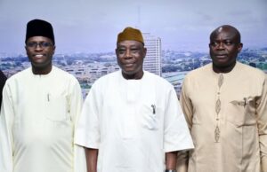 Anti-Graft Battle: Oyo Seeks Collaboration With ICPC Acting Governor of Oyo State, Barr Bayo Lawal (middle); Chairman, Independent Corrupt Practices and other Related Offences Commission (ICPC), Dr Musa Adamu Aliyu (left) and Secretary to the Commission, Mr Clifford Oparadu, during a condolence visit to Oyo State Government over the death of former ICPC Chairman, Justice Emmanuel Ayoola, at Governor's Office, Secretariat, Ibadan...