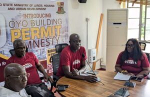 Makinde’s Gov’t Commences 60-Day Building Permit Amnesty For Property Owners L-R: Mr. Peter Eledan, HC, Information, Prince Dotun Oyelade; HC Lands, Mr. Akin-Funmilayo; and the Permanent Secretary, Min of Lands, Mrs. Adebiyi…at the event…