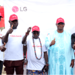 L R Alh Muftau Lawal Elder Oriba Community  Hon Seriki S Olabowale aid to Hon Wale Raji MHR Chief SB Olukolu Patron Oriba Youth Movement Mr Paul Mba Marketing Manager LG Electronics Nigeria at the official commissioning of the solar powered borehole and streetlights donated to Oriba Community area of Epe Lagos State