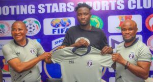 High Expectations As Shooting Stars Unveil Players, Jerseys, Kits L-R: Hon Babatunde Olaniyan, new player and Dimeji Lawal...