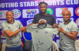 High Expectations As Shooting Stars Unveil Players, Jerseys, Kits L-R: Hon Babatunde Olaniyan, new player and Dimeji Lawal...